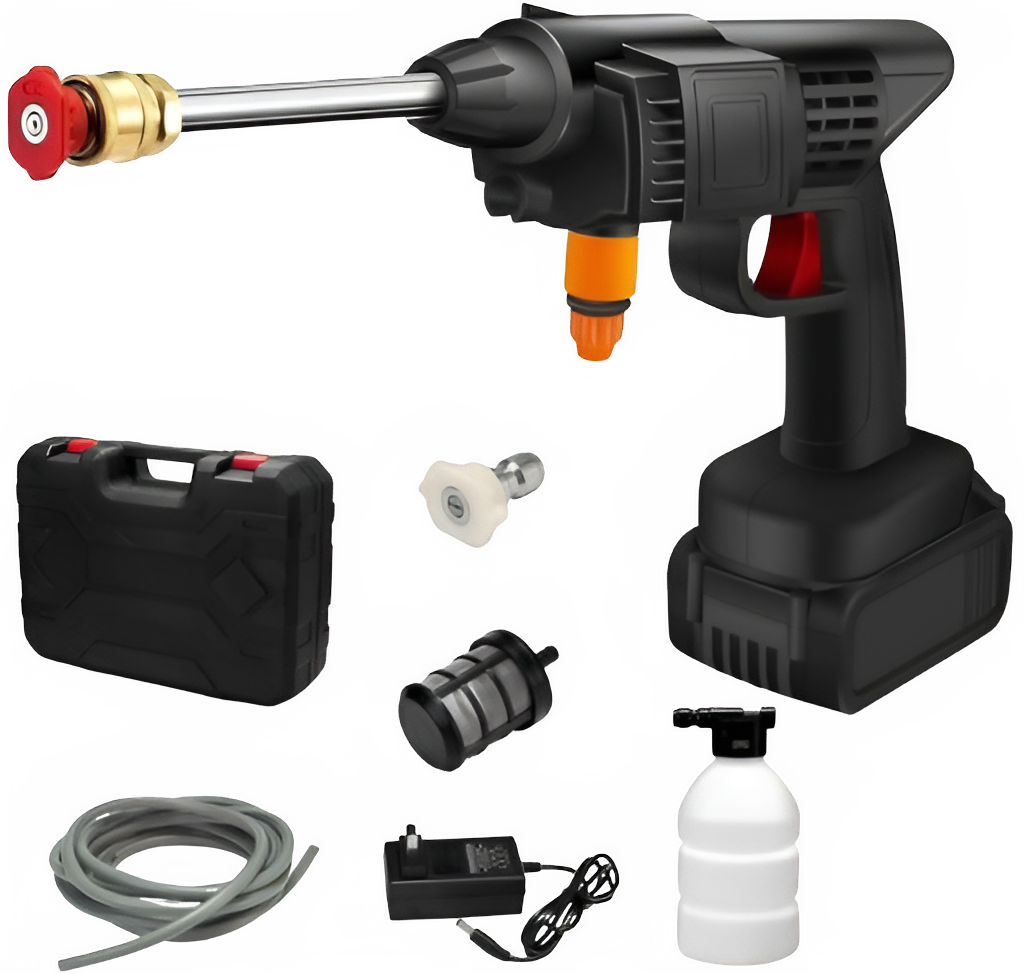 کارواش شارژی قابل حمل بی‌سیم با نازل فشار قوی و ست کامل لوازم جانبی